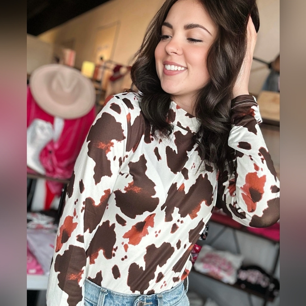 NWT Stylish Brown and White Cow Print Top